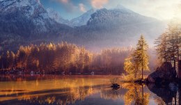 Fototapeta Awesome Nature Scenery. Beautiful Landscape With High Mountains With Illuminated Peaks, Stones In Mountain Lake, Refl