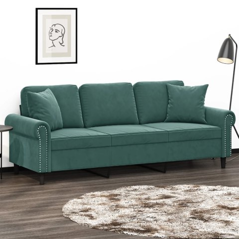 3-osobowa sofa z poduszkami, ciemnozielona, 180 cm, aksamit